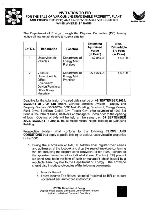 INVITATION TO BID FOR THE SALE OF UNSERVICEABLE .